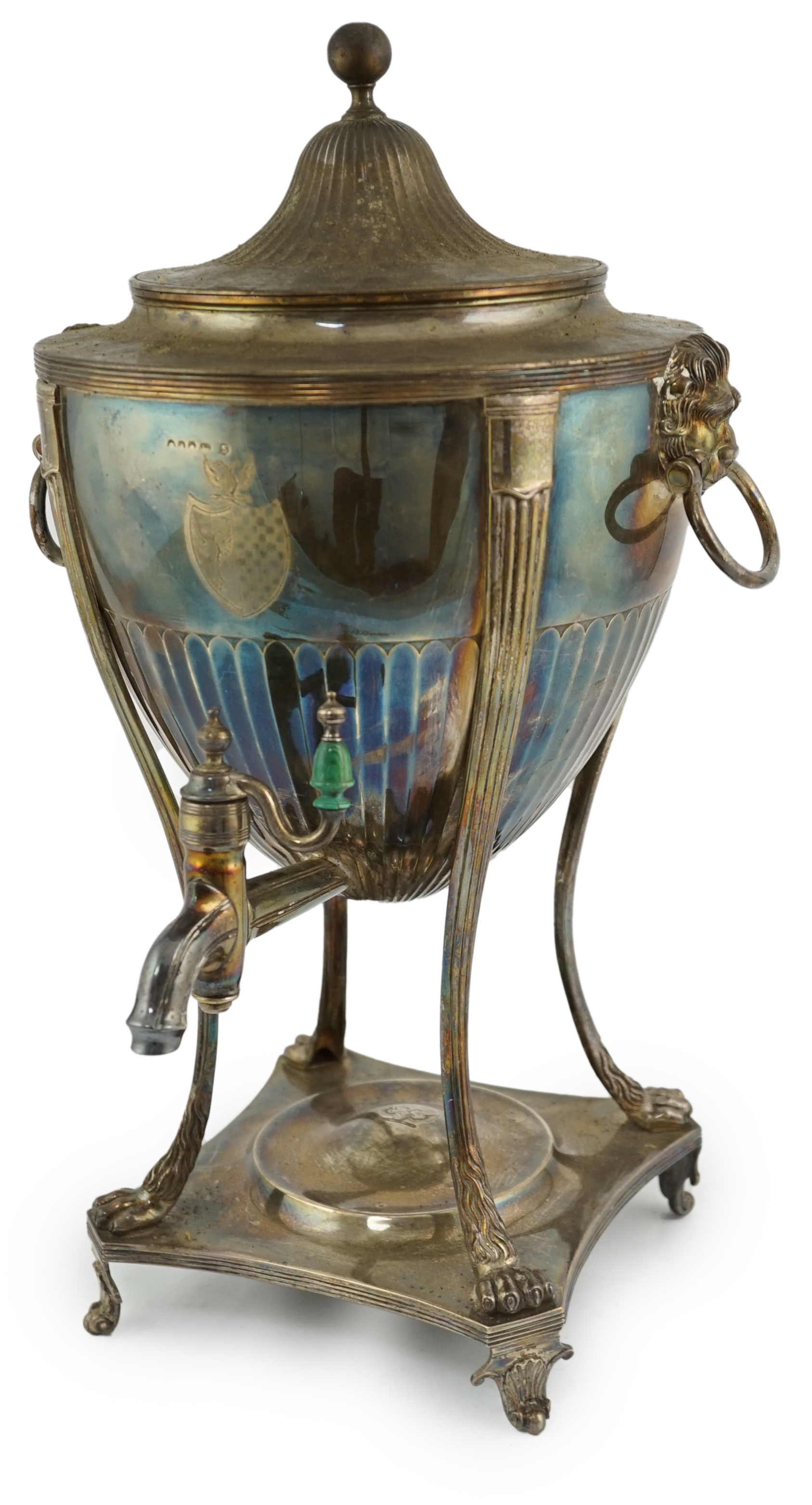 A George III demi-fluted silver tea urn and cover, by John Scofield